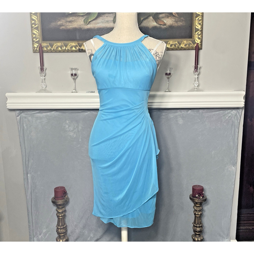 Davids Bridal Bridesmaid Turquoise Halter Cocktail Dress Size 0